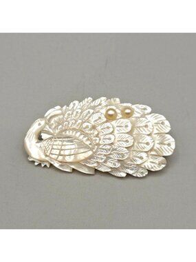 Vintage 1940s Mother Of Pearl Peacock Brooch Cultured Pearl Accents Carved